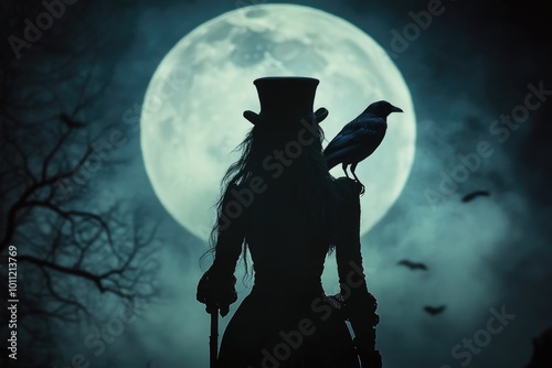 Mysterious Woman in Top Hat with Raven and Full Moon