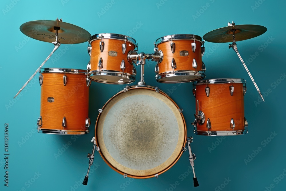 Drum set featuring orange finish against a bright blue background Drum set featuring orange finish against a bright blue background