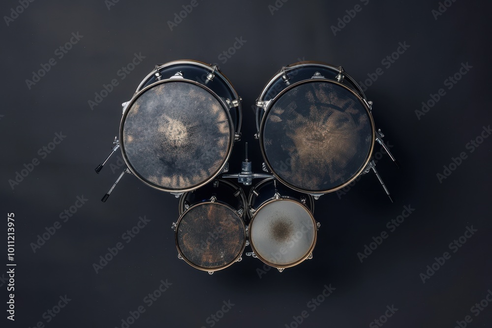 Old drum set with worn-out heads arranged on a black background Old drum set with worn-out heads arranged on a black background