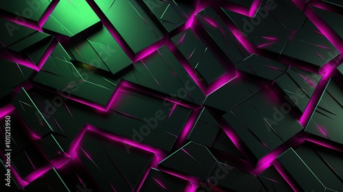 Abstract 3D background with neon pink glowing lines on black and green geometric pattern