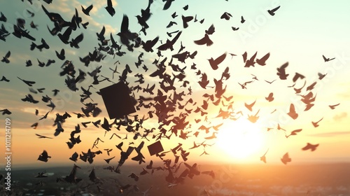 Silhouettes of Birds in Flight at Sunset