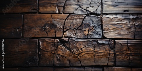 A rustic wooden wall composed of multiple weathered boards with intricate cracks, showcasing the natural beauty of aged timber.