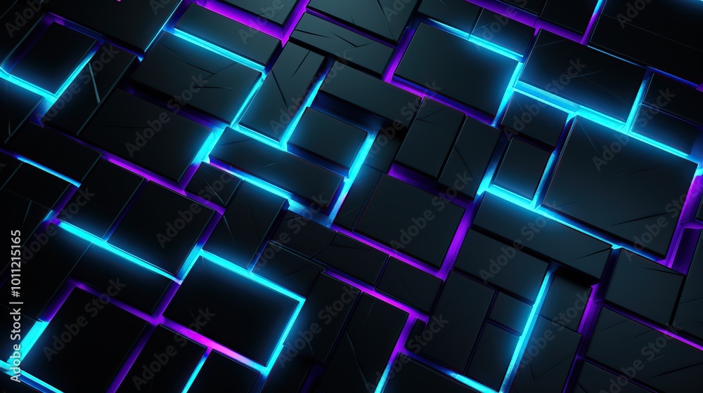 Abstract 3D Render of Blue and Purple Neon Lights on Black Cubes Abstract 3D Render of Blue and Purple Neon Lights on Black Cubes