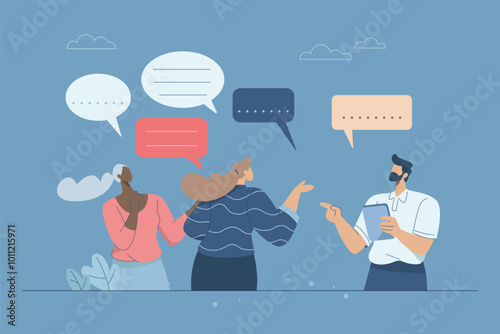 Concept of communication skills, Effective communication and respect in different situations, Expressing opinions effectively in teamwork. Vector design illustration.