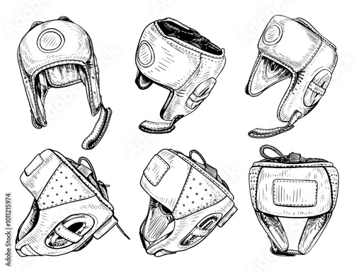 Set boxing helmets hand drawn sketch. Sports equipment. Head protection in fight. Boxers clothes. Equipment for fights, wrestling. Professional sports. Helmet on head. Vector line art illustration.