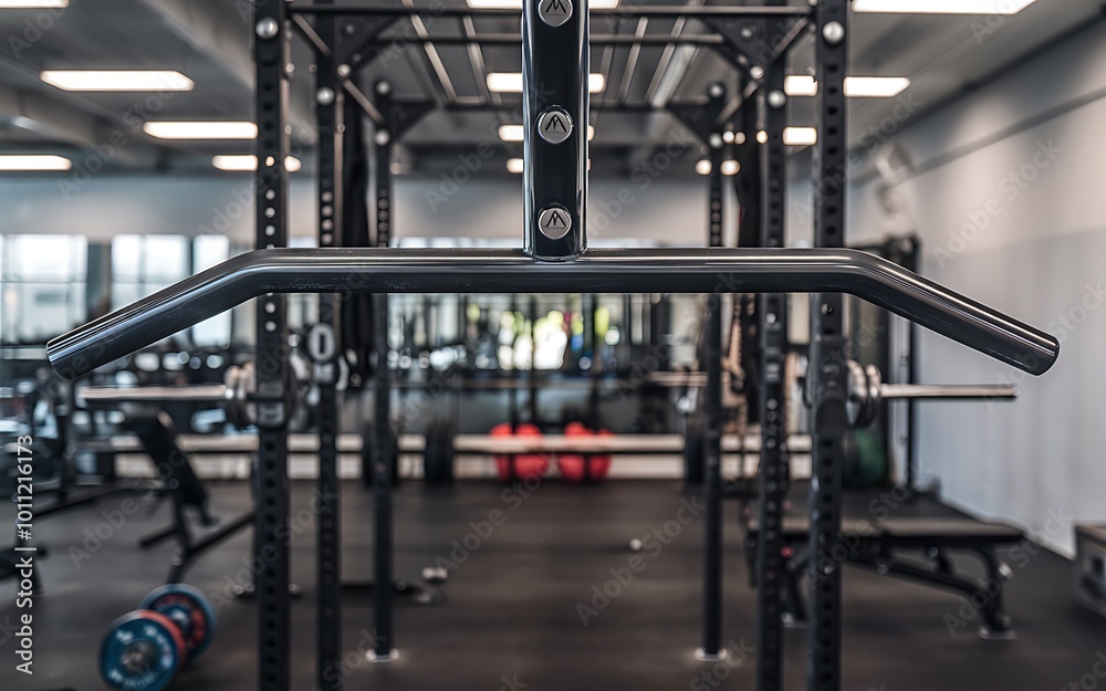 Close-up of a pull-up bar in a gym, with equipment in the background. Close-up of a pull-up bar in a gym, with equipment in the background.