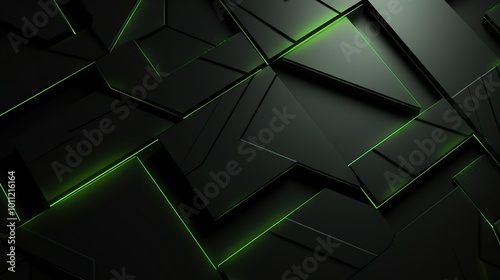 Abstract black and green geometric background with glowing lines. Futuristic cyberpunk 3D design with neon lights.