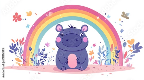 Baby hippo with rainbow, colorful and joyful mood, flat design illustration photo