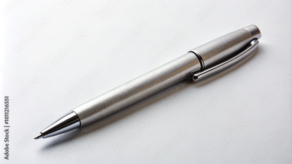 sleek silver ballpoint pen rests on pure white surface, showcasing its elegant design and minimalistic style. This captures essence of simplicity and sophistication sleek silver ballpoint pen rests on pure white surface, showcasing its elegant design and minimalistic style. This captures essence of simplicity and sophistication