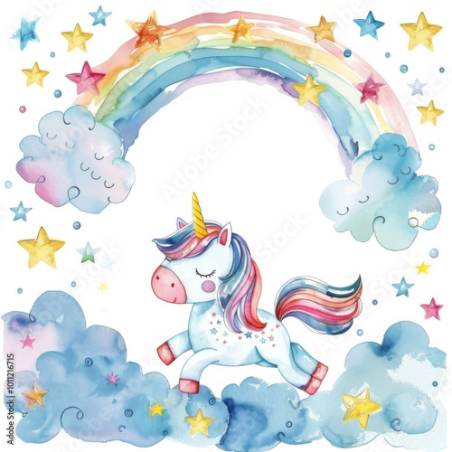  Cute Unicorn with rainbow and clouds watercolor illustration on white background