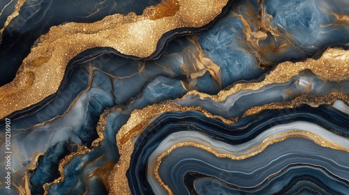 Rich marble texture with golden veins. Elegant abstract background with wavy layered marble texture in blue and gold color.