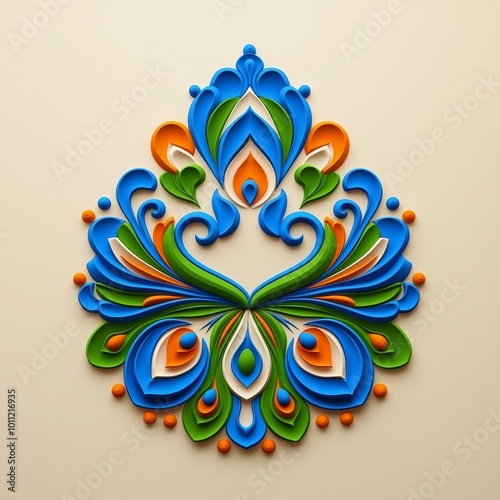 3D Vibrant Rangoli Artwork with Blue and Green Colors for Diwali Festival Background