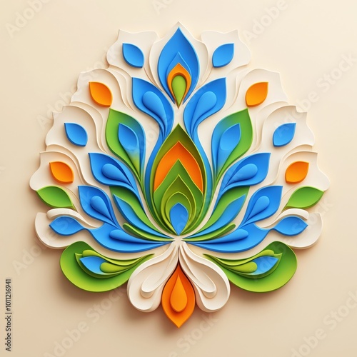 3D Colorful Abstract Rangoli Design on Beige Background for Diwali Festival Greeting