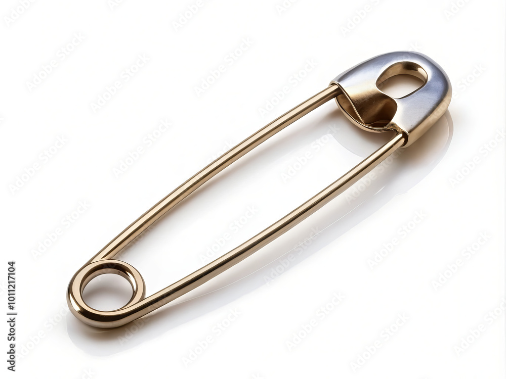 shiny gold safety pin is displayed on clean white background, showcasing its sleek design and functionality. This versatile item is perfect for various uses, from fashion to crafts shiny gold safety pin is displayed on clean white background, showcasing its sleek design and functionality. This versatile item is perfect for various uses, from fashion to crafts