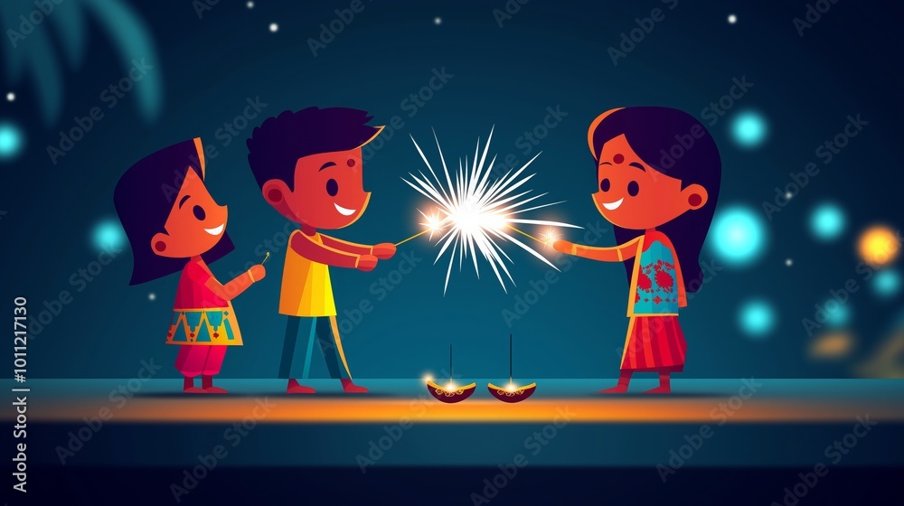 Three Kids Playing with Sparklers at Night for Diwali Festival Celebration Three Kids Playing with Sparklers at Night for Diwali Festival Celebration