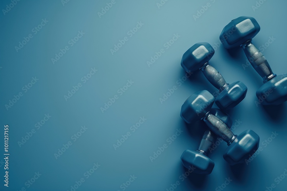Blue dumbbells arranged on a blue surface, ideal for fitness enthusiasts looking to enhance their workout routines Blue dumbbells arranged on a blue surface, ideal for fitness enthusiasts looking to enhance their workout routines