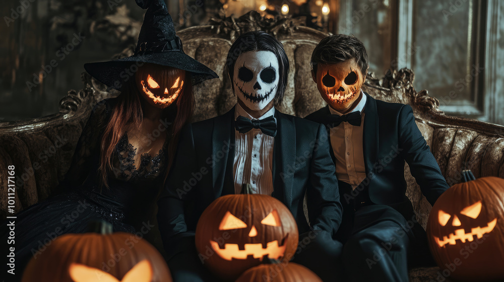 Fototapeta premium Costumed Halloween Celebration filled with enchanting Jack o Lanterns