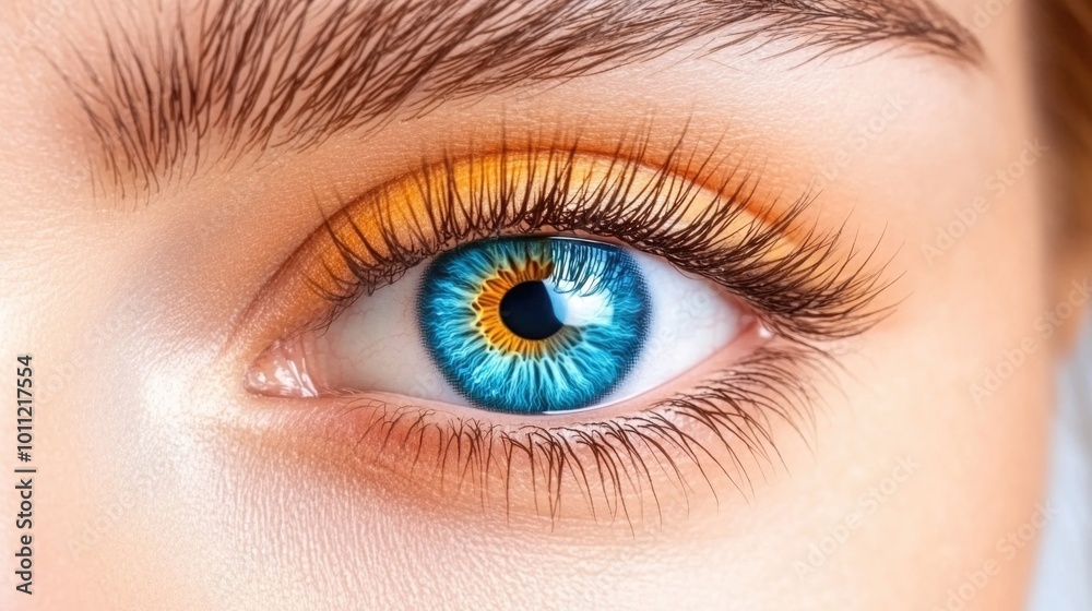 Close-up of vibrant blue eye with golden ring and detailed eyelashes Close-up of vibrant blue eye with golden ring and detailed eyelashes