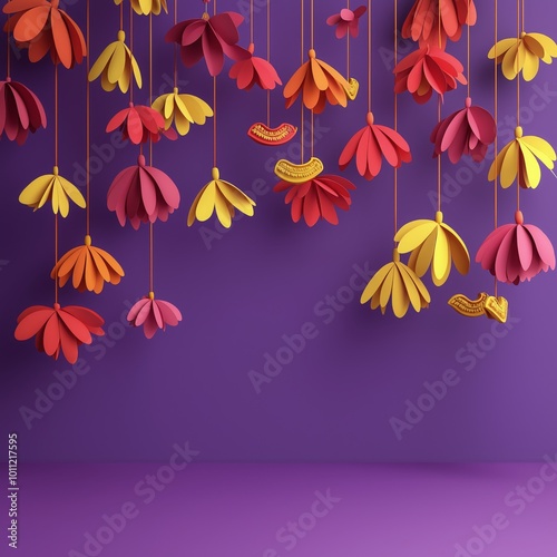 Colorful Hanging Paper Flowers on Purple Background for Happy Diwali Greeting Post