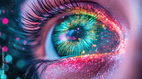 Vibrant neon eye close-up with colorful digital sparkles and futuristic glow
