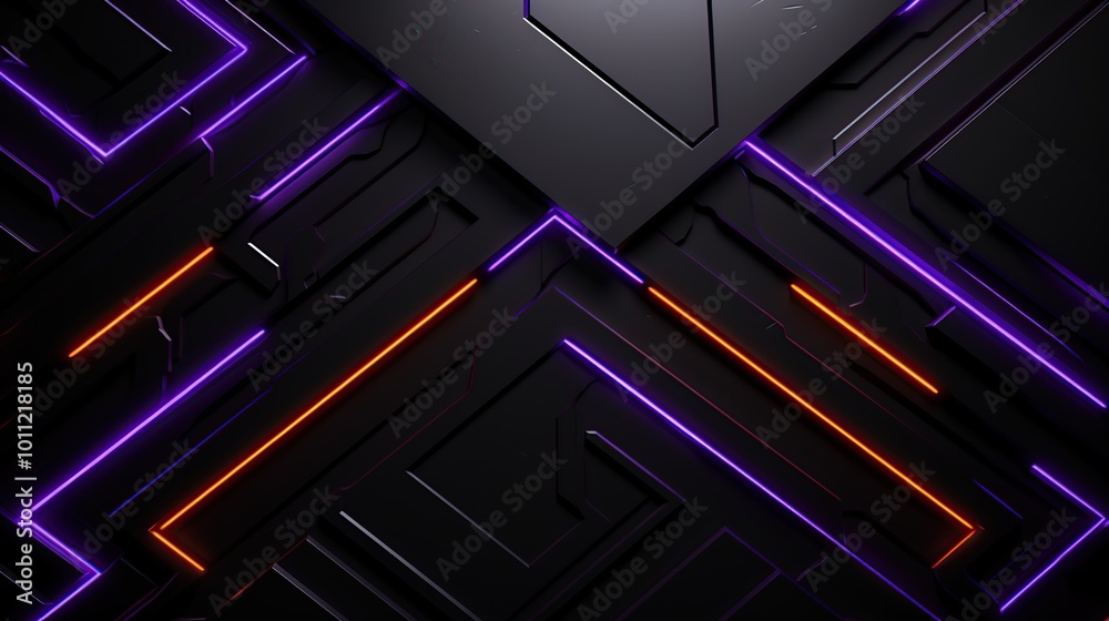 Abstract Geometric Pattern with Neon Lights and Black Background Abstract Geometric Pattern with Neon Lights and Black Background