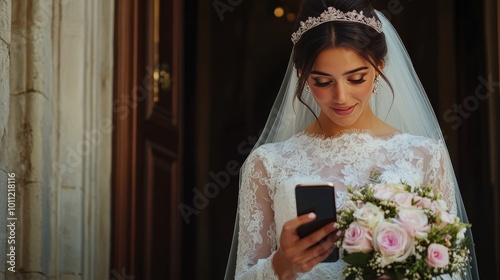 Bride using phone outside church