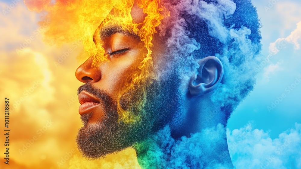Serenity and balance: man in fusion of fire and ice with calm expression