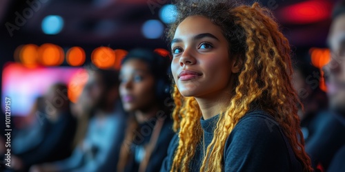 A young woman, African-American student - a listener at an IT conference, a spectator at a lecture on technology, etc. Person close-up, background blurred. photo