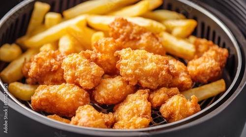 Crispy Fried Chicken Nuggets and French Fries in Air Fryer Basket.