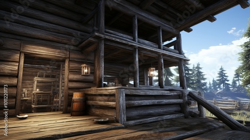 A rustic wooden cabin with a covered porch, overlooking a picturesque forest landscape. The weathered logs and simple design evoke a sense of cozy solitude and an escape from the modern world.