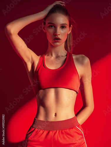 Athletische Frau in rotem Sportoutfit präsentiert Fitnessfigur. Junge, schlanke Sportlerin zeigt Muskeln. Motivierendes Bild für Gesundheit und Training photo