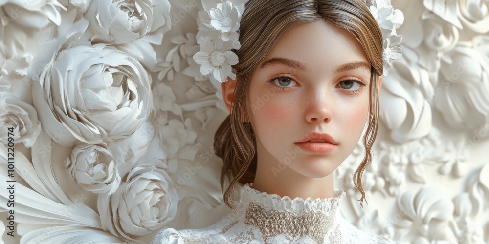 Captivating Portrait of a Young Woman Surrounded by Delicate Floral Elements in a Serene White Background