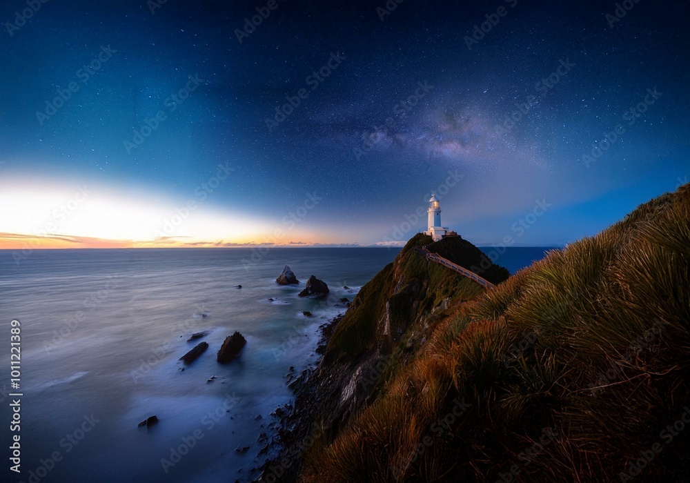 A lighthouse perched atop a cliff overlooking the ocean with the milky way shining in the night sky. A lighthouse perched atop a cliff overlooking the ocean with the milky way shining in the night sky.