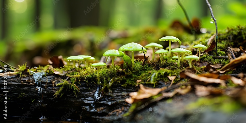 A Cluster of Delicate Green Mushrooms Growing on a Mossy Log With a Dripping Stream in the Foreground A Cluster of Delicate Green Mushrooms Growing on a Mossy Log With a Dripping Stream in the Foreground