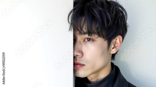 Close-up portrait young asian man with dark hair, half-hidden behind white wall. Fashion-style image with soft lighting, and intense gaze. editorial or promotional use photo