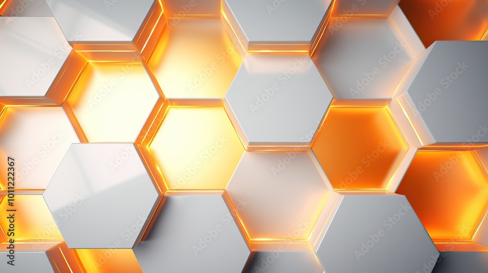 Abstract Geometric Pattern with White Hexagons and Glowing Orange Edges