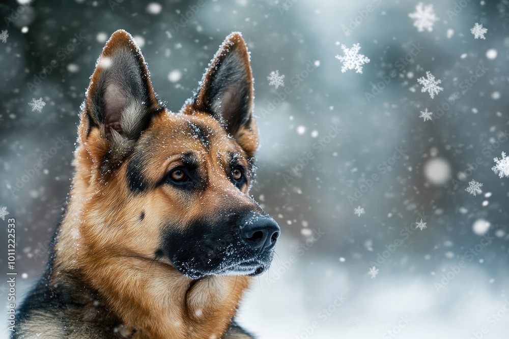Close-Up of a Dog in White Snow with Snowflakes Floating in the Air and a Determined Gaze