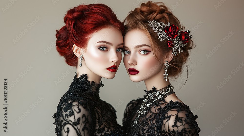 Elegant models in an evening dress red hair and jewelry on the neck evening makeup Elegant models in an evening dress red hair and jewelry on the neck evening makeup