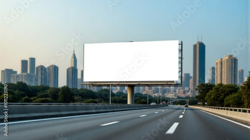 Mockup blank advertising billboard over busy city street, modern skyscrapers lining road, marketing and promotions in an urban setting under sunny skies