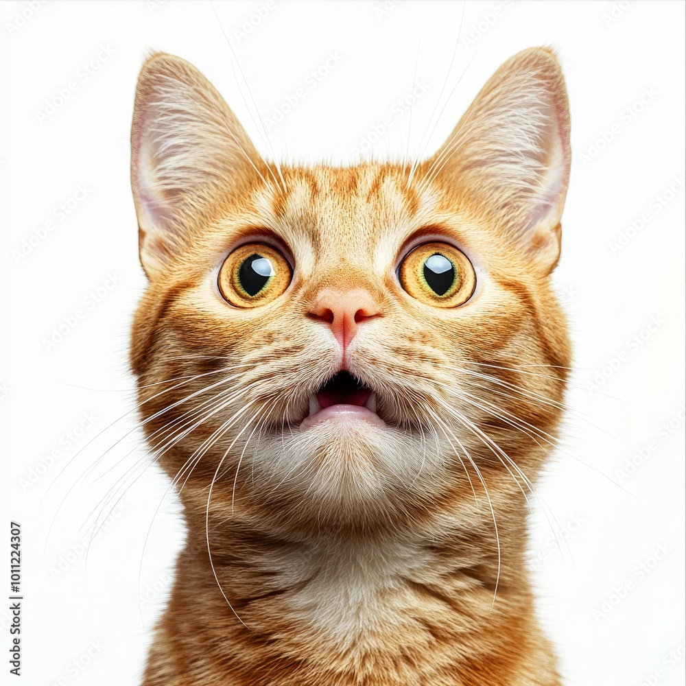 Ginger Cat with Surprised Expression and Wide Eyes Isolated on White Background