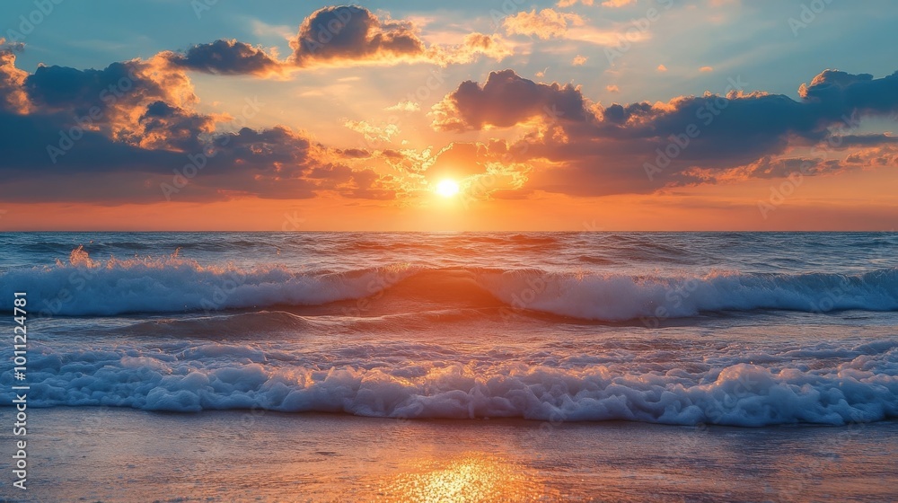 Sunset on summer sea with waves and clouds. Sunset on summer sea with waves and clouds.