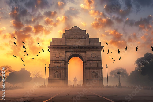 Majestic view of India Gate under a clear blue sky, symbolizing Delhi’s rich heritage and history. The iconic sandstone arch stands tall, surrounded by lush greenery and tourists.