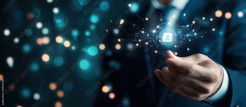 Businessman Holding a Digital Profile Icon Businessman Holding a Digital Profile Icon