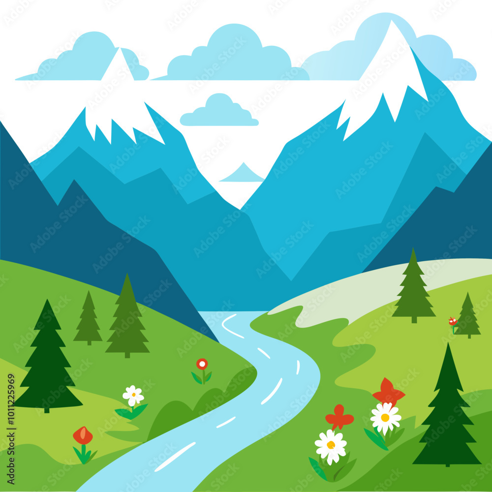 Fototapeta premium Journey Through a Vibrant Alpine Valley Enclosed by Towering Mountains Vector Illustration 