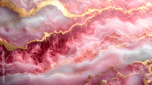 Pink and gold marble background with soft fluid lines, creating an elegant and luxurious appearance. The gentle swirls and gradients in pink and gold tones provide a stylish backdrop suitable for vari photo