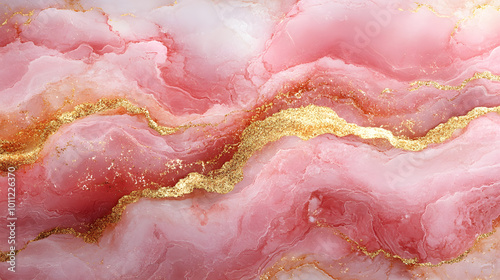 Pink and gold marble background with soft fluid lines, creating an elegant and luxurious appearance. The gentle swirls and gradients in pink and gold tones provide a stylish backdrop suitable for vari photo