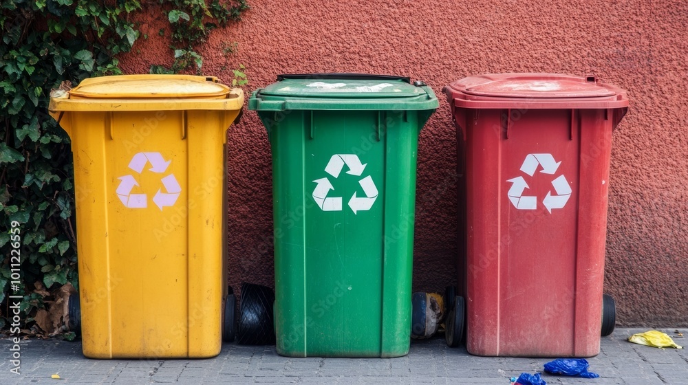 Recycling: glass, metal in bins with trash Recycling: glass, metal in bins with trash