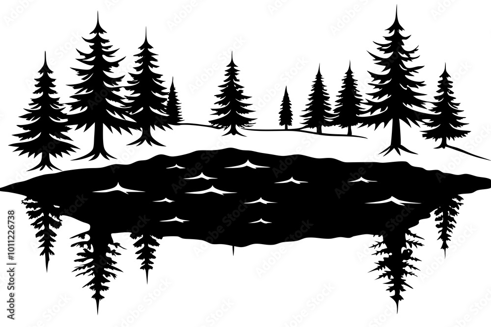 Obraz premium Scenic Vector Art of a Frosty Lake Nestled Amongst Snowy Tree Tops in a Serene Landscape 