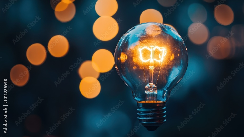 A glowing light bulb with a warm light emanating from it against a dark blue background with blurred orange lights. A glowing light bulb with a warm light emanating from it against a dark blue background with blurred orange lights.