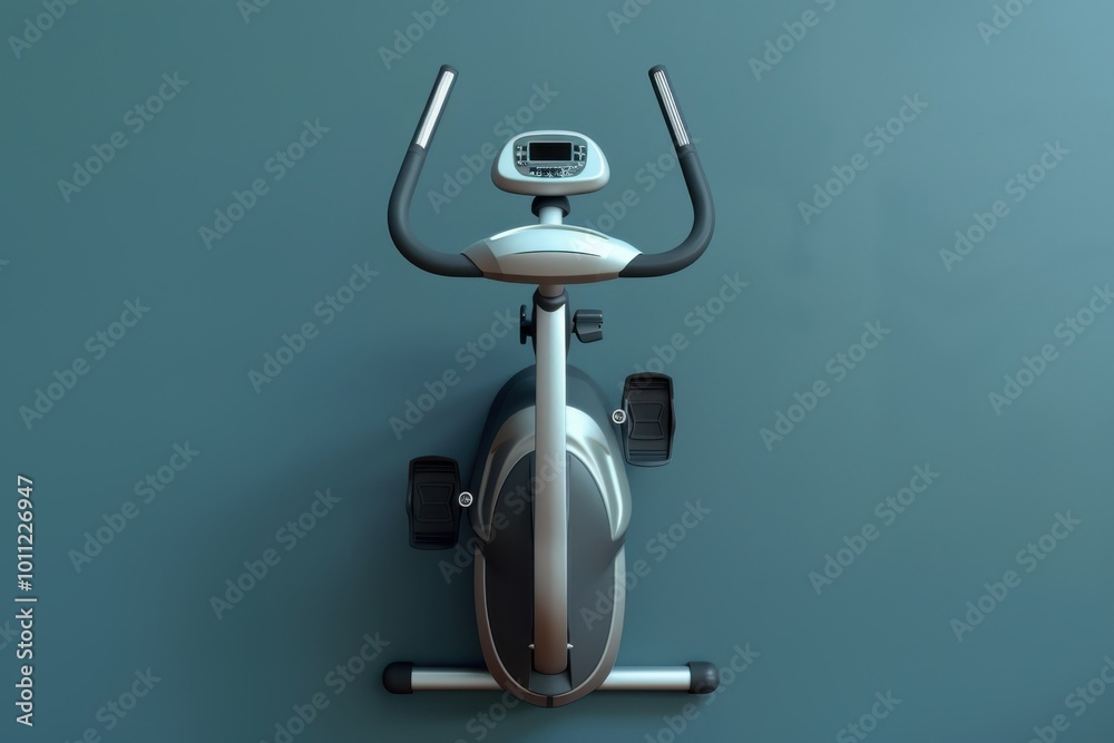 Exercise bike positioned against a blue wall in a fitness area Exercise bike positioned against a blue wall in a fitness area
